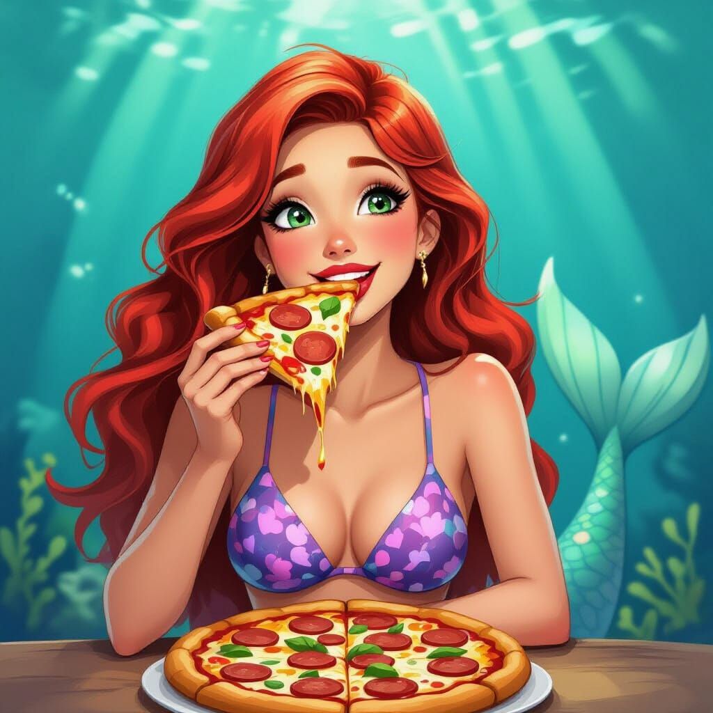 Mermaid Enjoys Pizza Under the Sea
