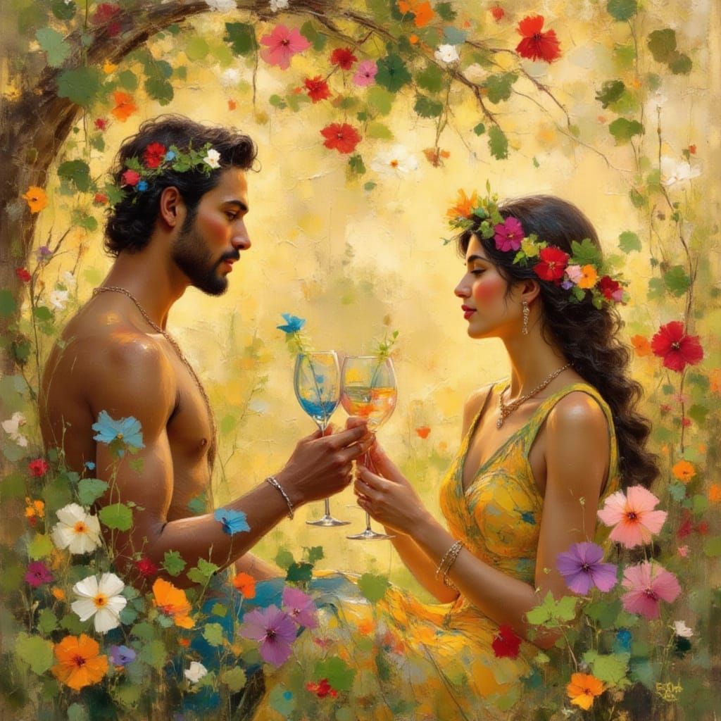 Adam and Eve Enjoying Cocktails in Eden
