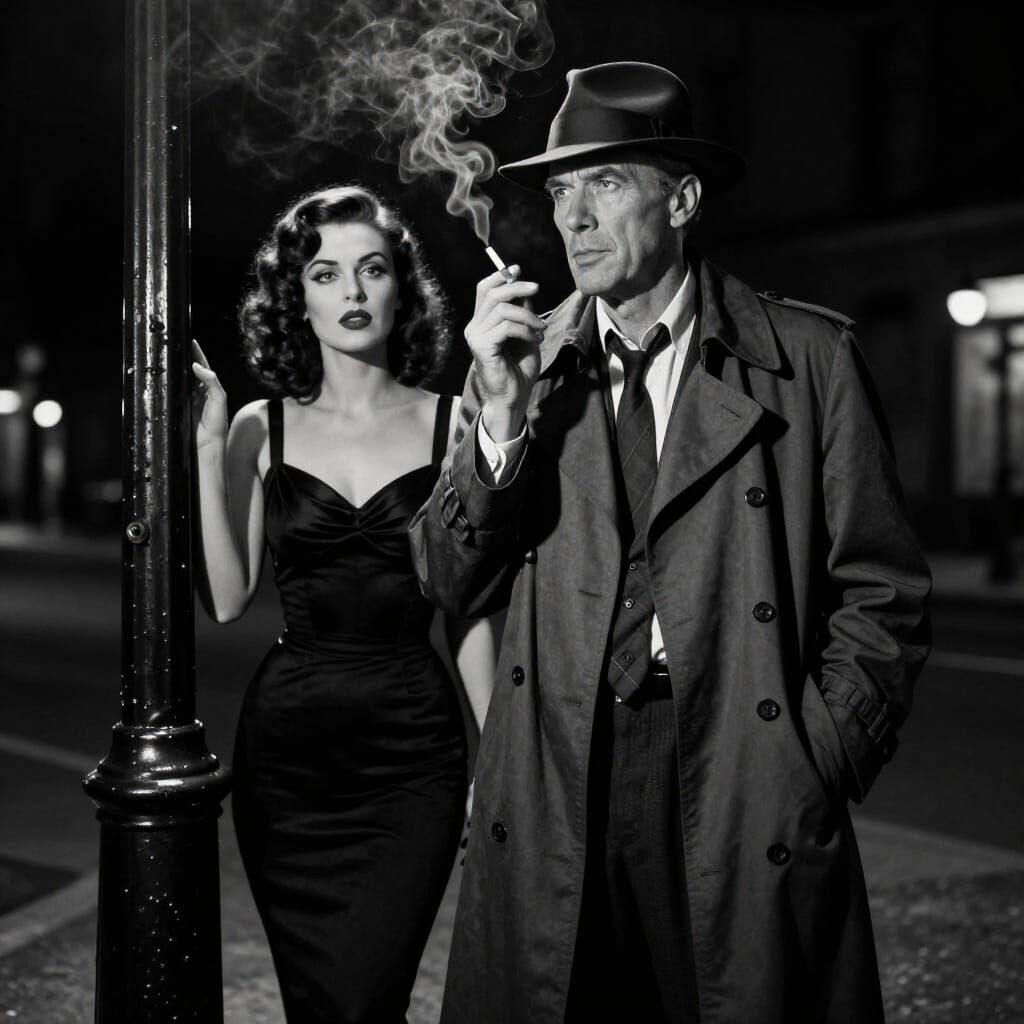 1940s Noir Detective and Femme Fatale in Dramatic Shadows