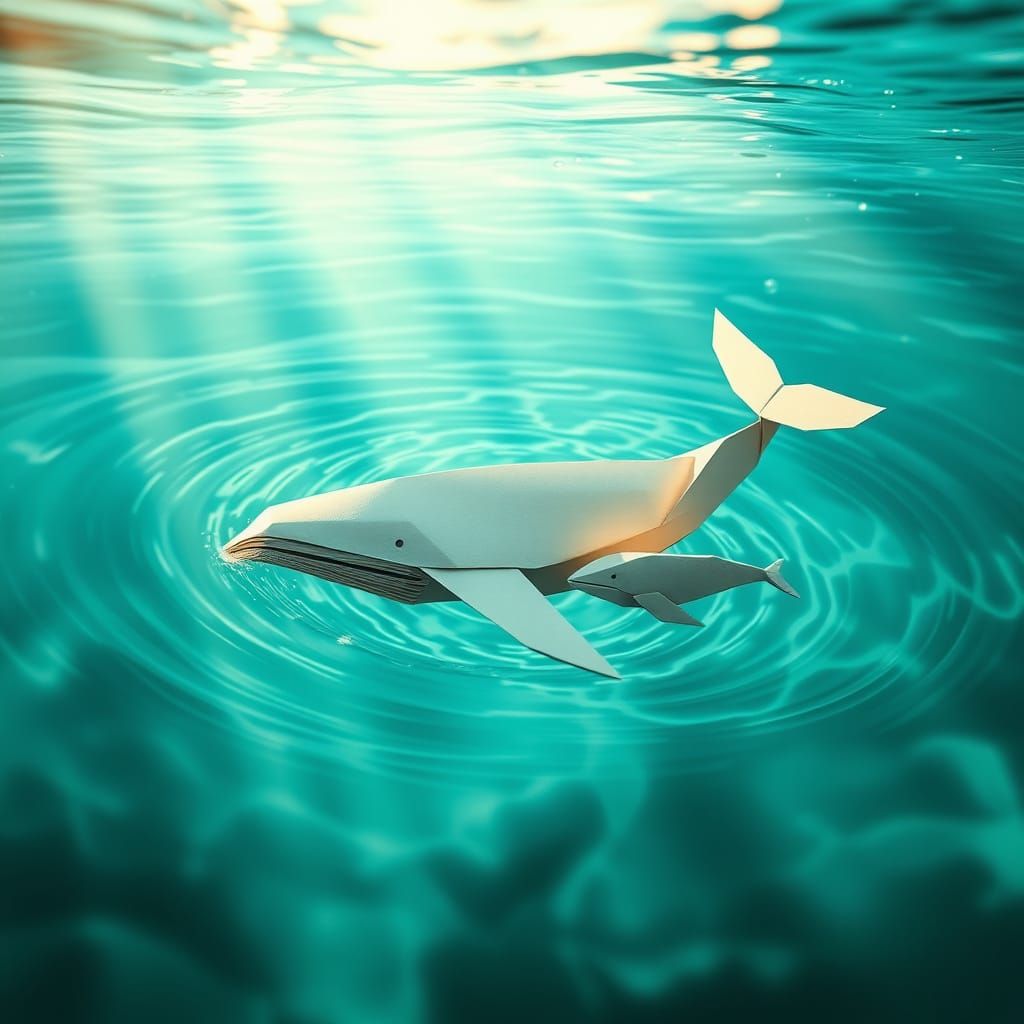 Origami Whale Glides Through Calm Waters in Dreamy Digital A...