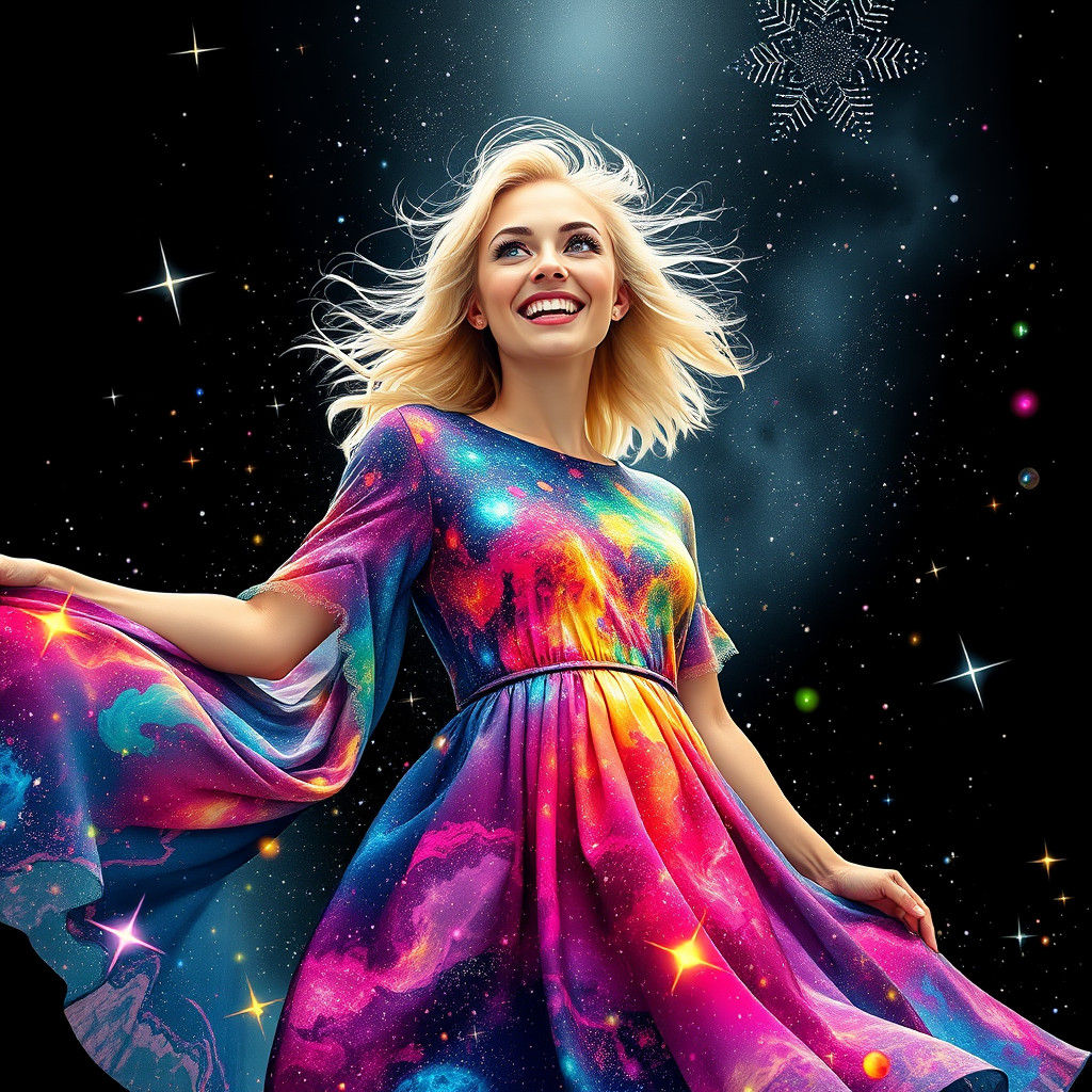 Cosmic Woman in Surreal Dreamscape, Stencil Art Style