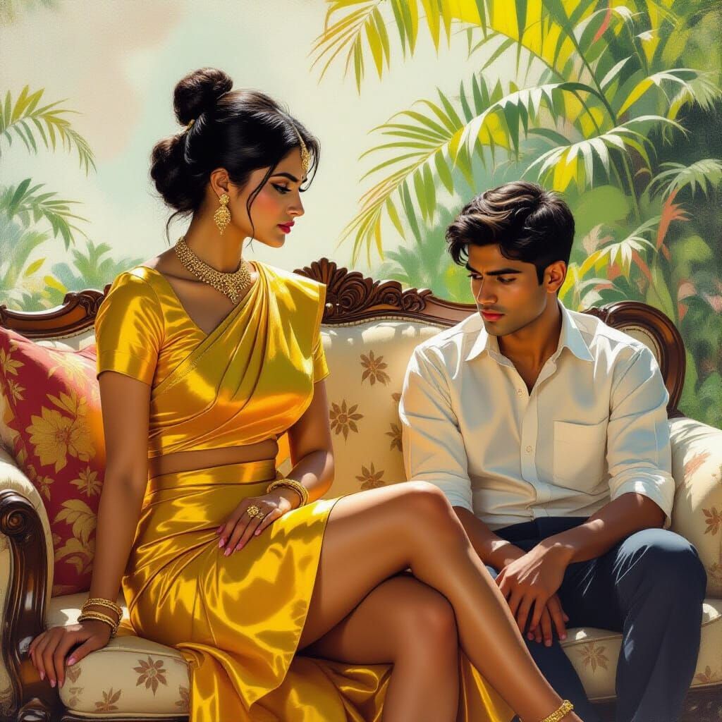 Indian Woman in Yellow Skirt in Garden as Digital Painting