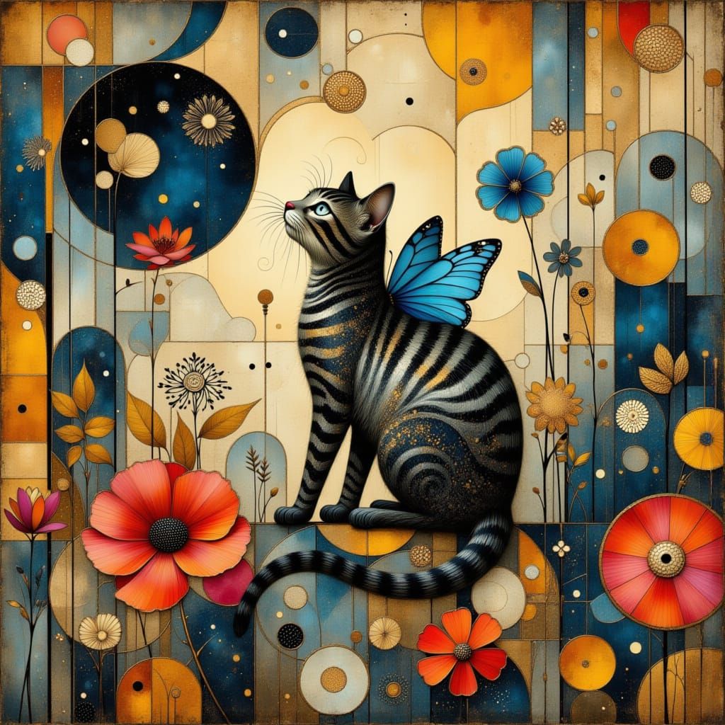 Whimsical Tabby Cat with Butterfly Wings in Surreal Scene