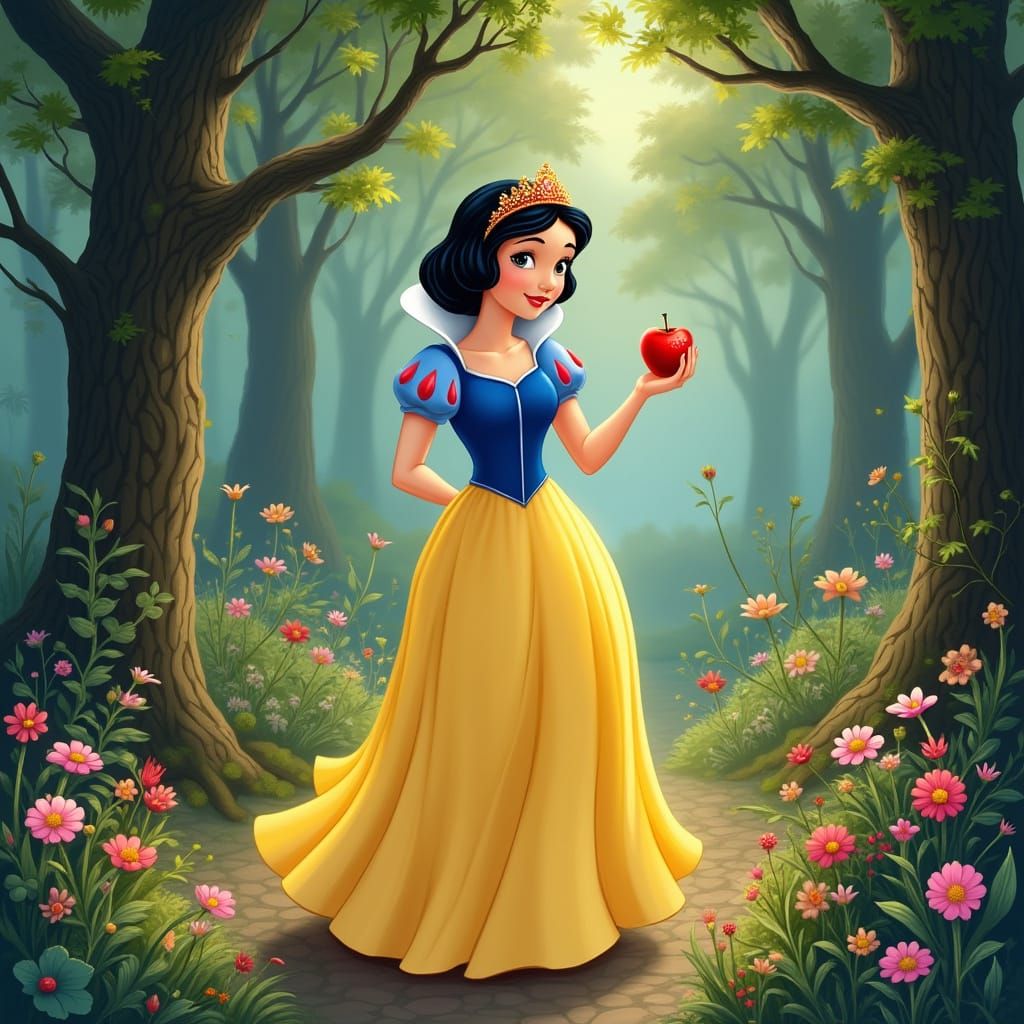 Whimsical Princess Snow White in a Vibrant Fairytale Forest