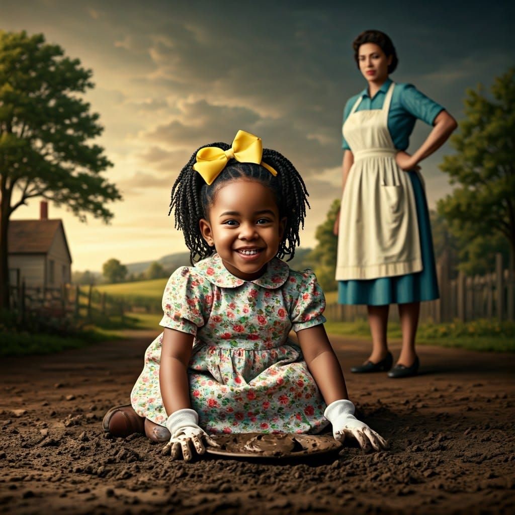 Girl Making Mud Pies in American Realism Style