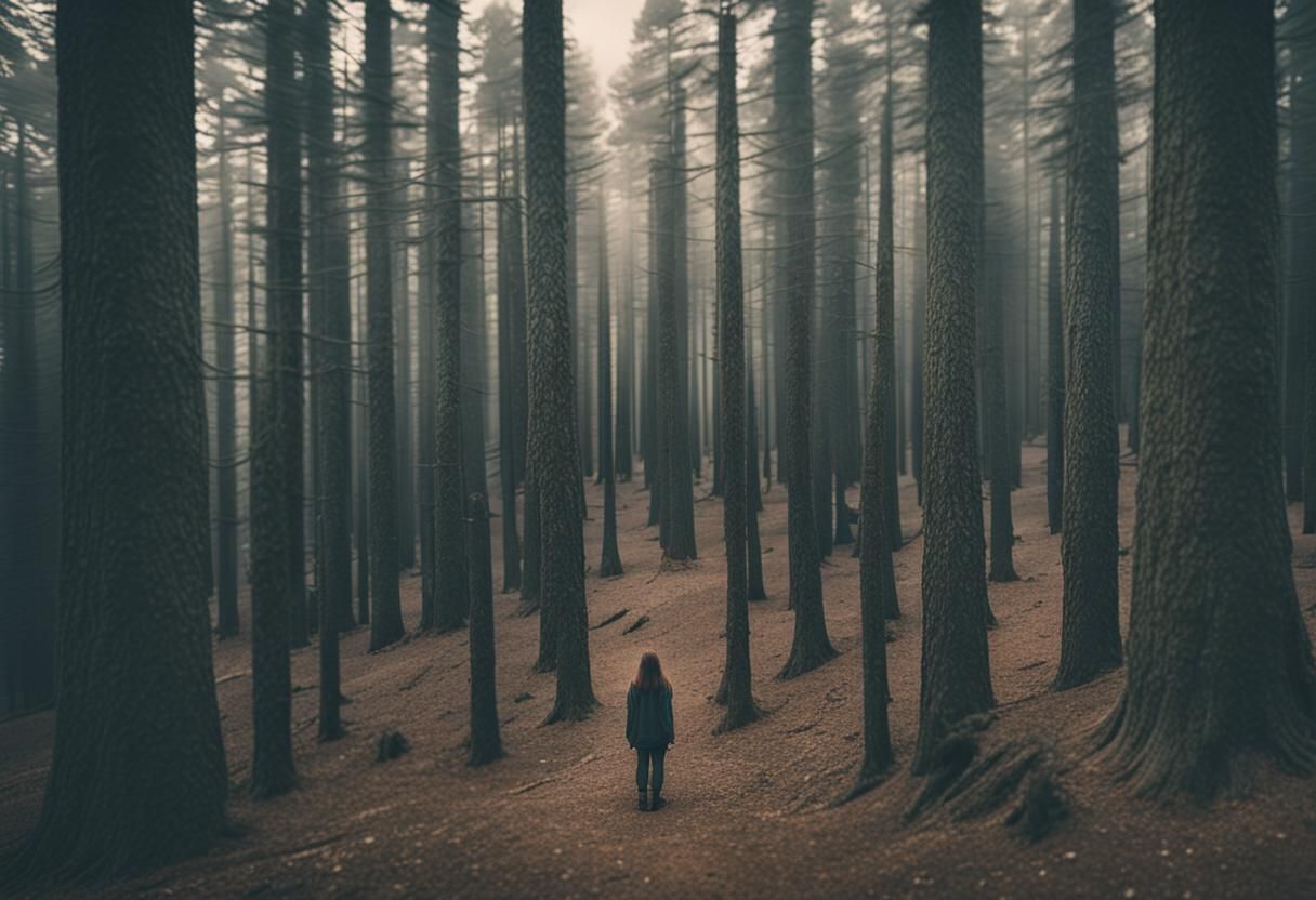 Eerie Forest: Woman Gazing into Dark Woods