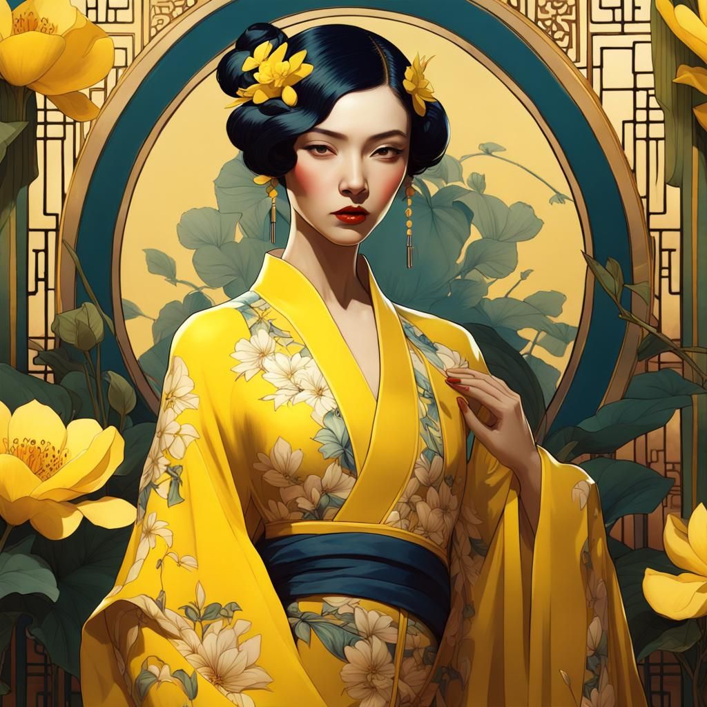 Art Deco Chinese Lady in Yellow Hanfu