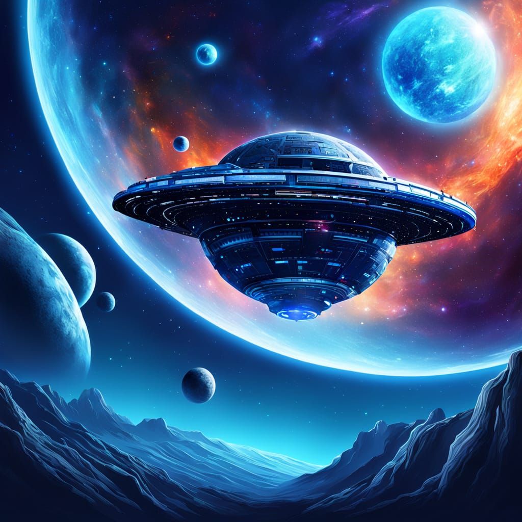 Sleek Spaceship Soaring Past Blue Planet