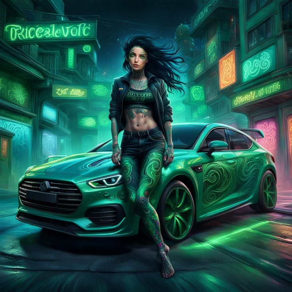 Tattooed Woman Leaping from Car in Detailed Matte Painting