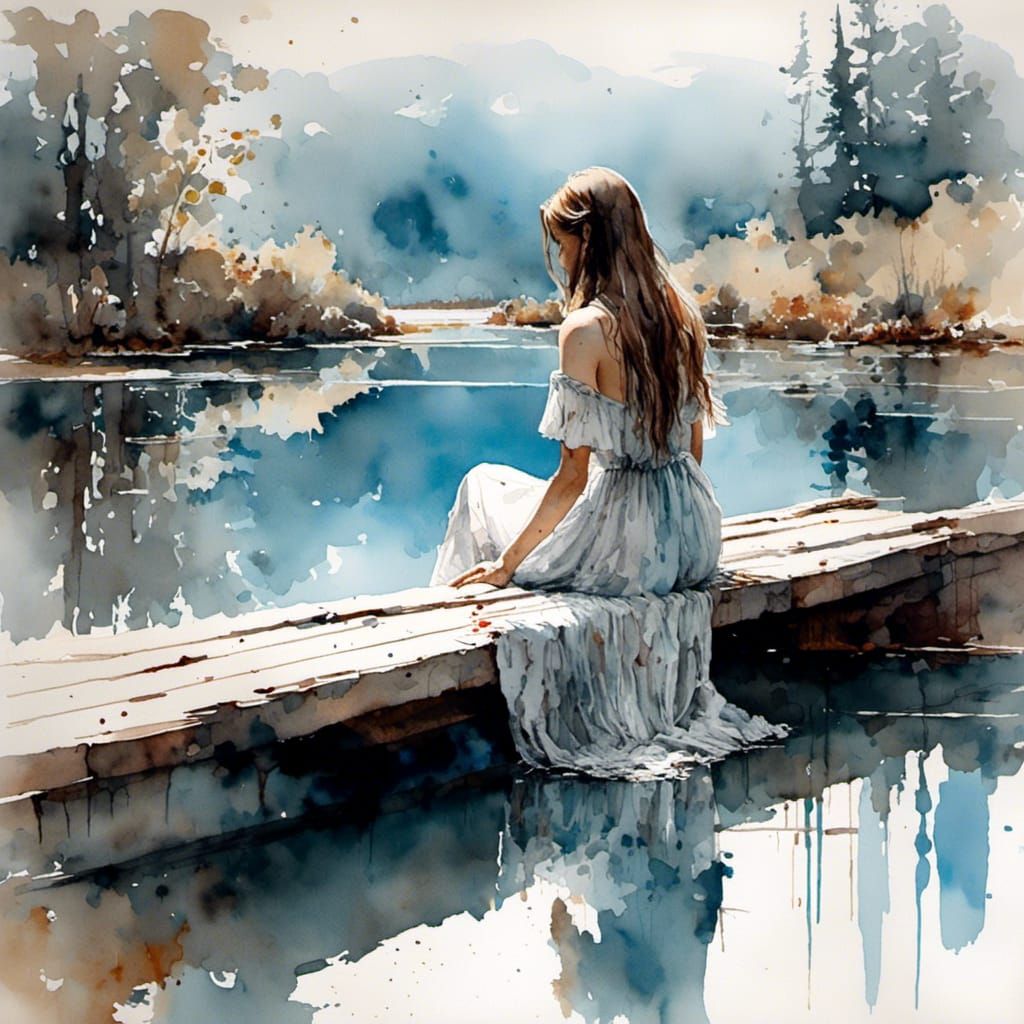 Elegant Woman on Dock in Black and White Watercolor