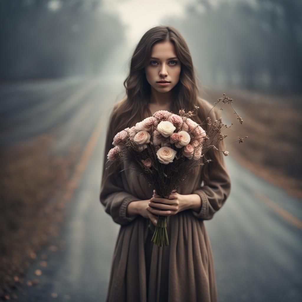 Woman with Bouquet in Fog and Smoke