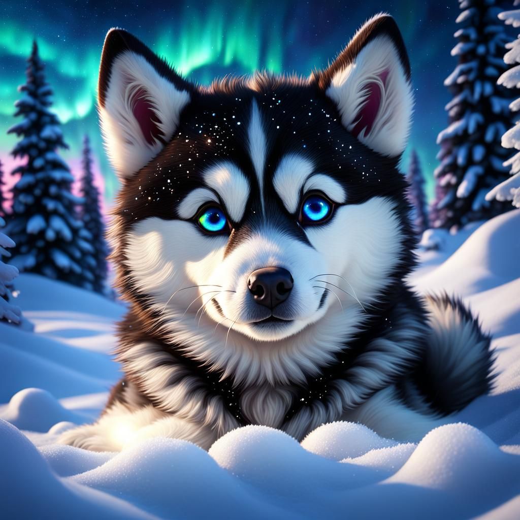 Husky Puppy Under Aurora Borealis: Digital Art