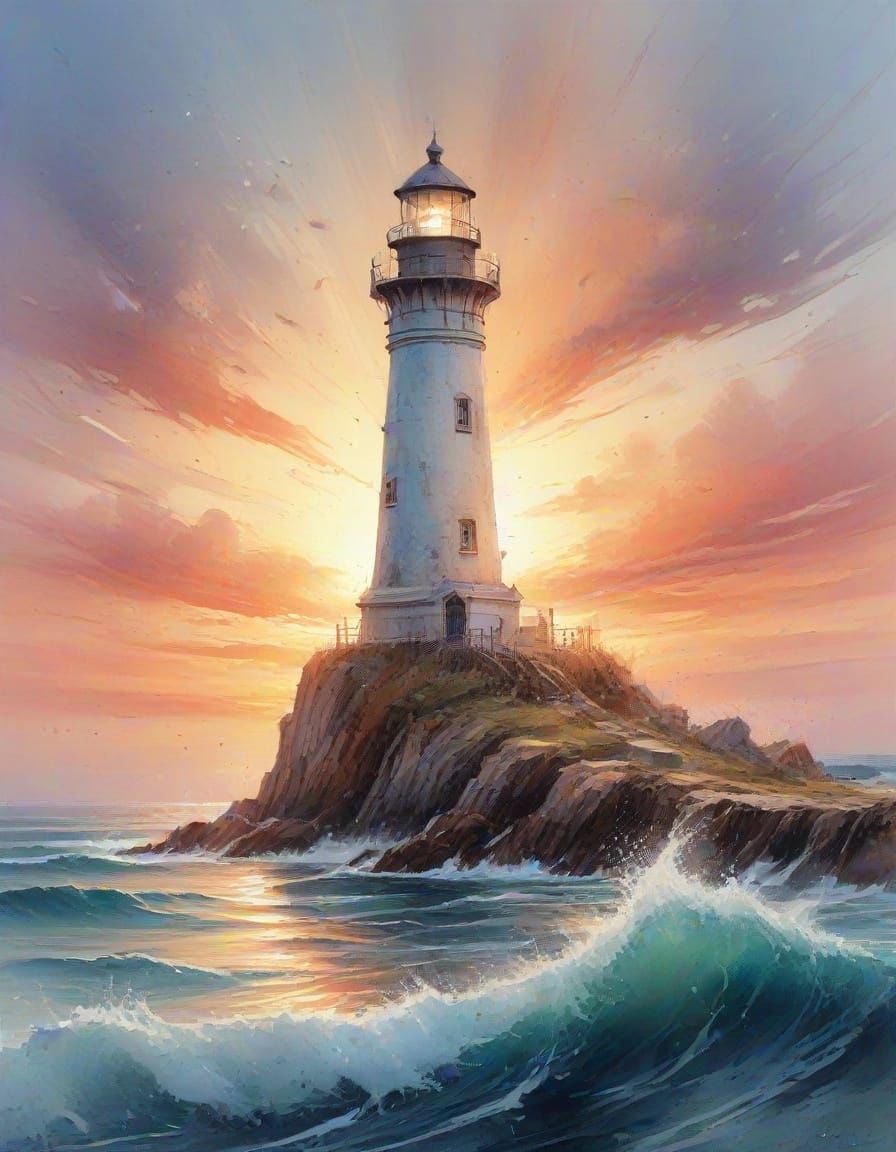 Vibrant Oceanscape Lighthouse at Sunset Watercolour