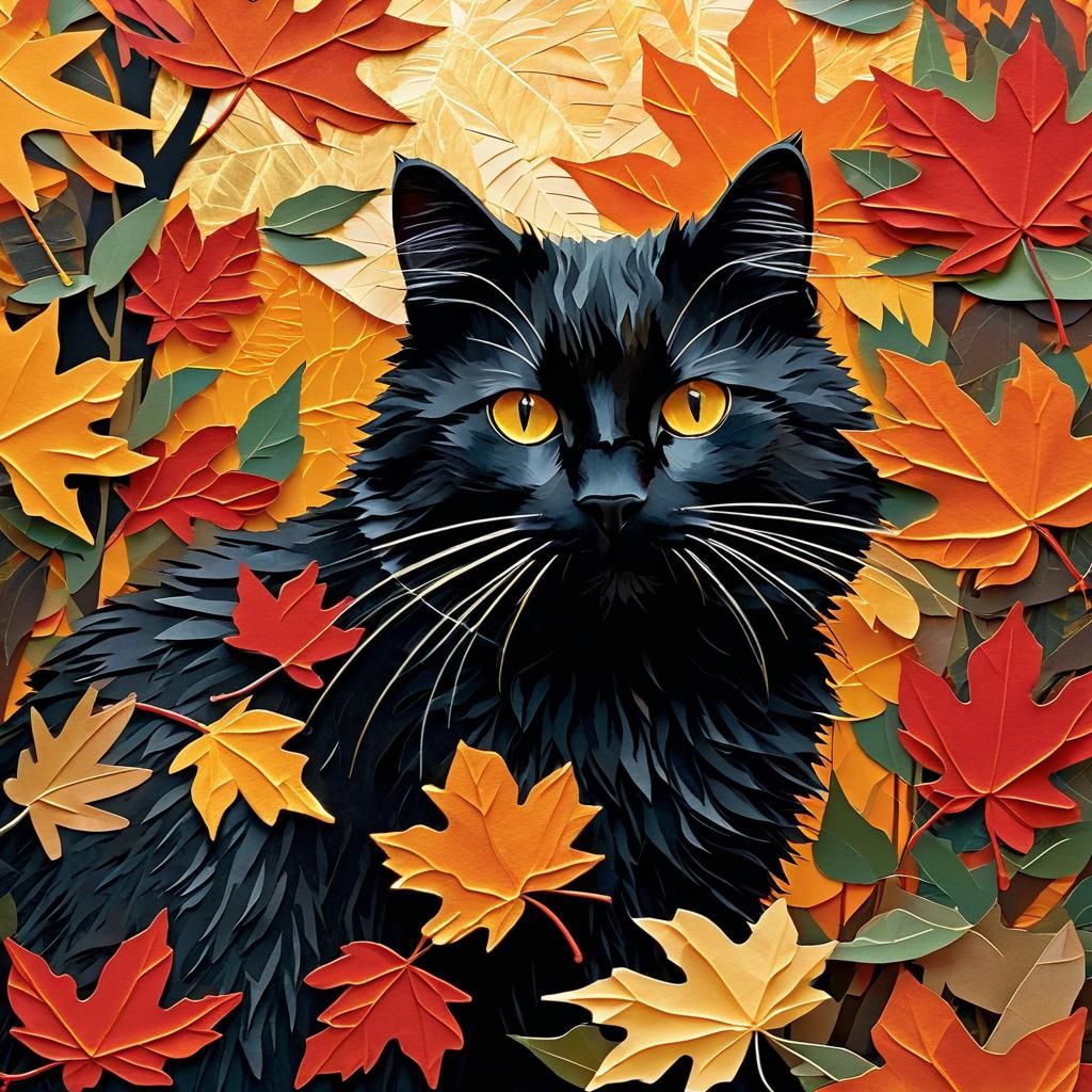 Black Cat in Autumn Leaves Paper Collage