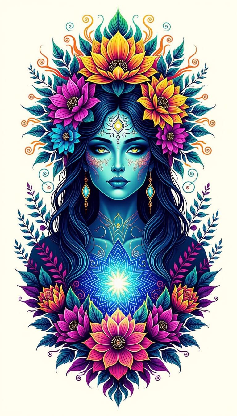 Psychedelic Multi-Eyed Figure in Neon Floral Explosion