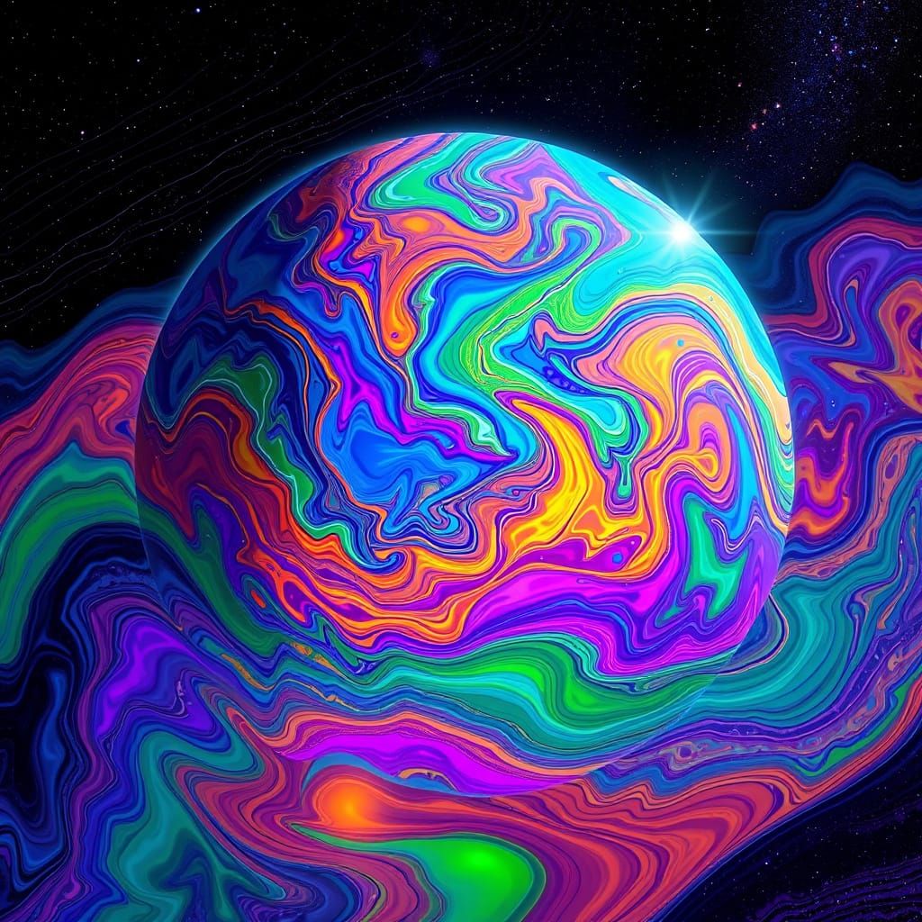 Cosmic Kaleidoscope Planet of Swirling Colorful Liquids