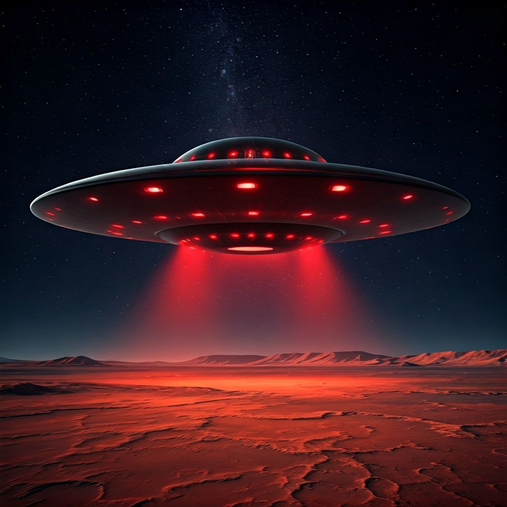 Black UFO with Red Lights Flies Over Mars at Night