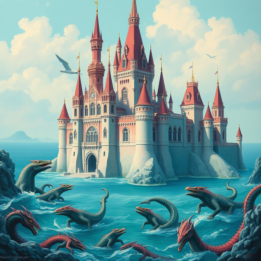Teal Rose Castle with Sea Monsters: Impressionist Gouache