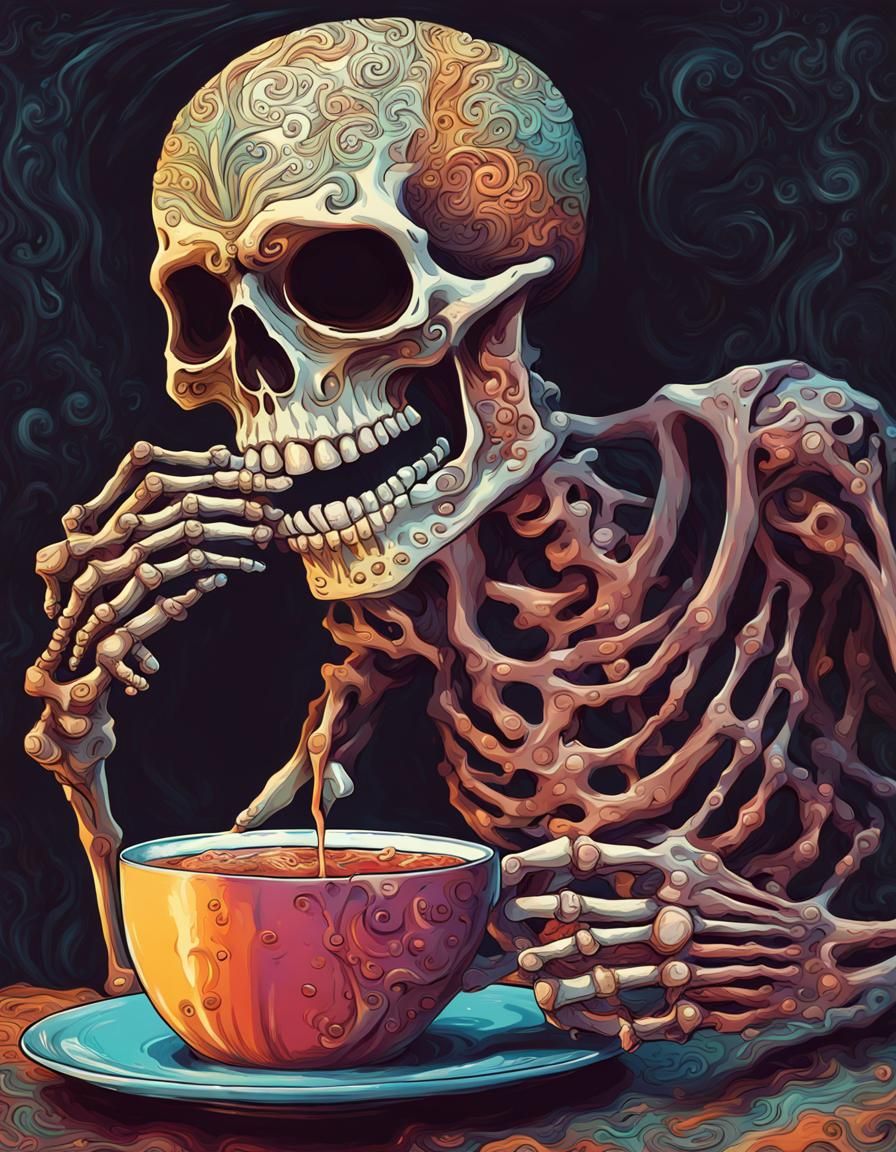 Colorful Skeleton Drinks Coffee with Cream