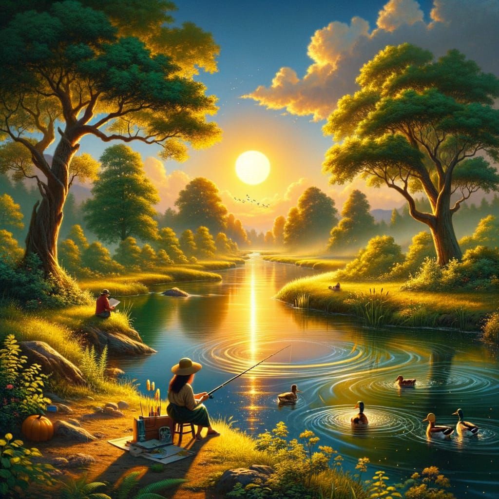 Golden Hour River Landscape with Fisherman and Artist