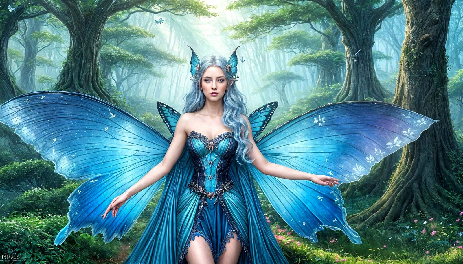Elven Woman with Butterfly Wings in Magical Forest