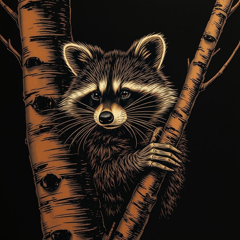 Copper Raccoon Portrait in Birch Tree