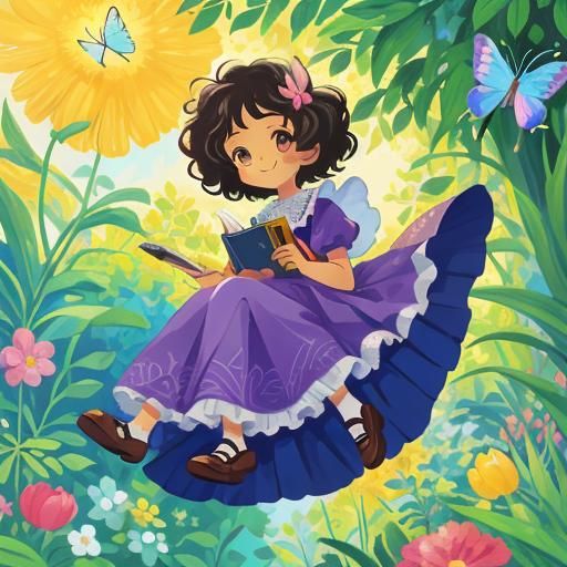 Girl and Butterfly in Naive Art Style