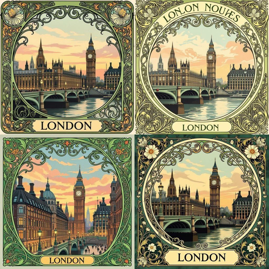 Art Nouveau London Cityscape with Flowing Ironwork