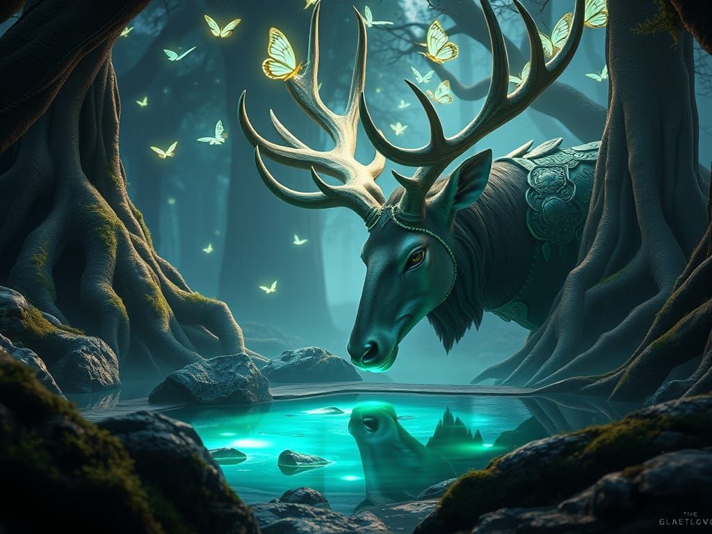 Majestic Stag at Luminous Spring in Twilight Forest