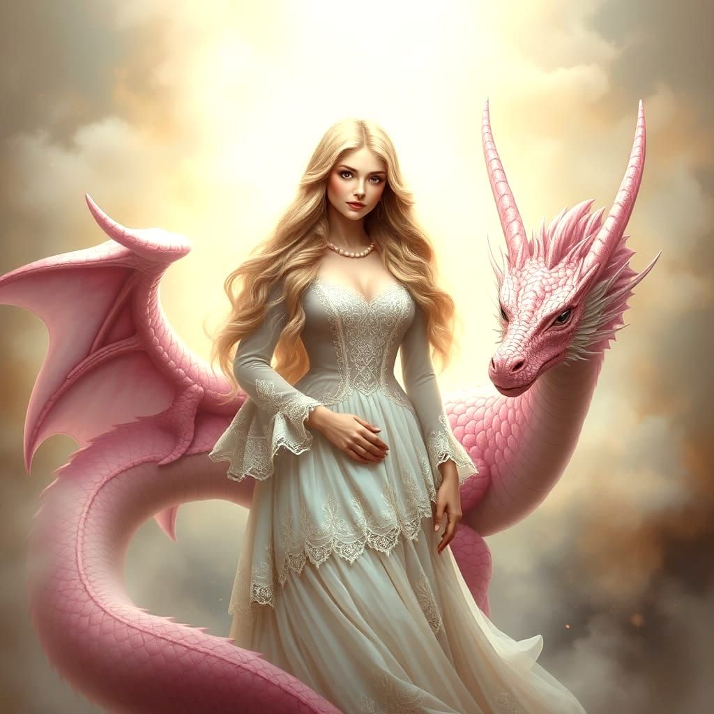 Enchanting Fantasy Scene with Pink Dragon and Maiden