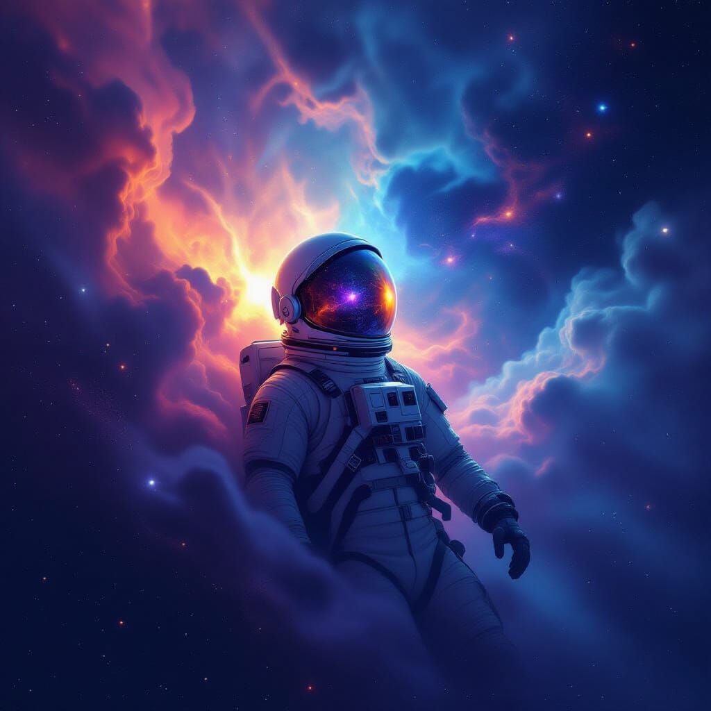 Astronaut Drifting in Cosmic Nebula, Reflecting Galaxies