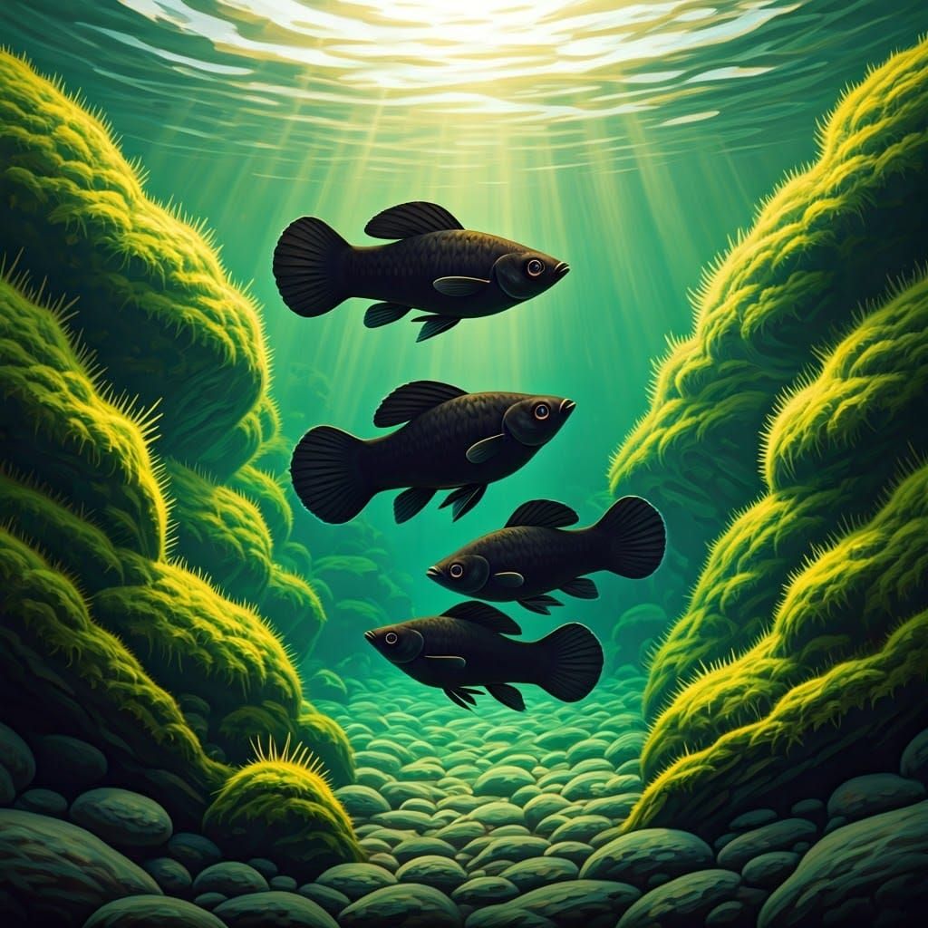 Vibrant Central American Pond Scene with Black Mollies and F...