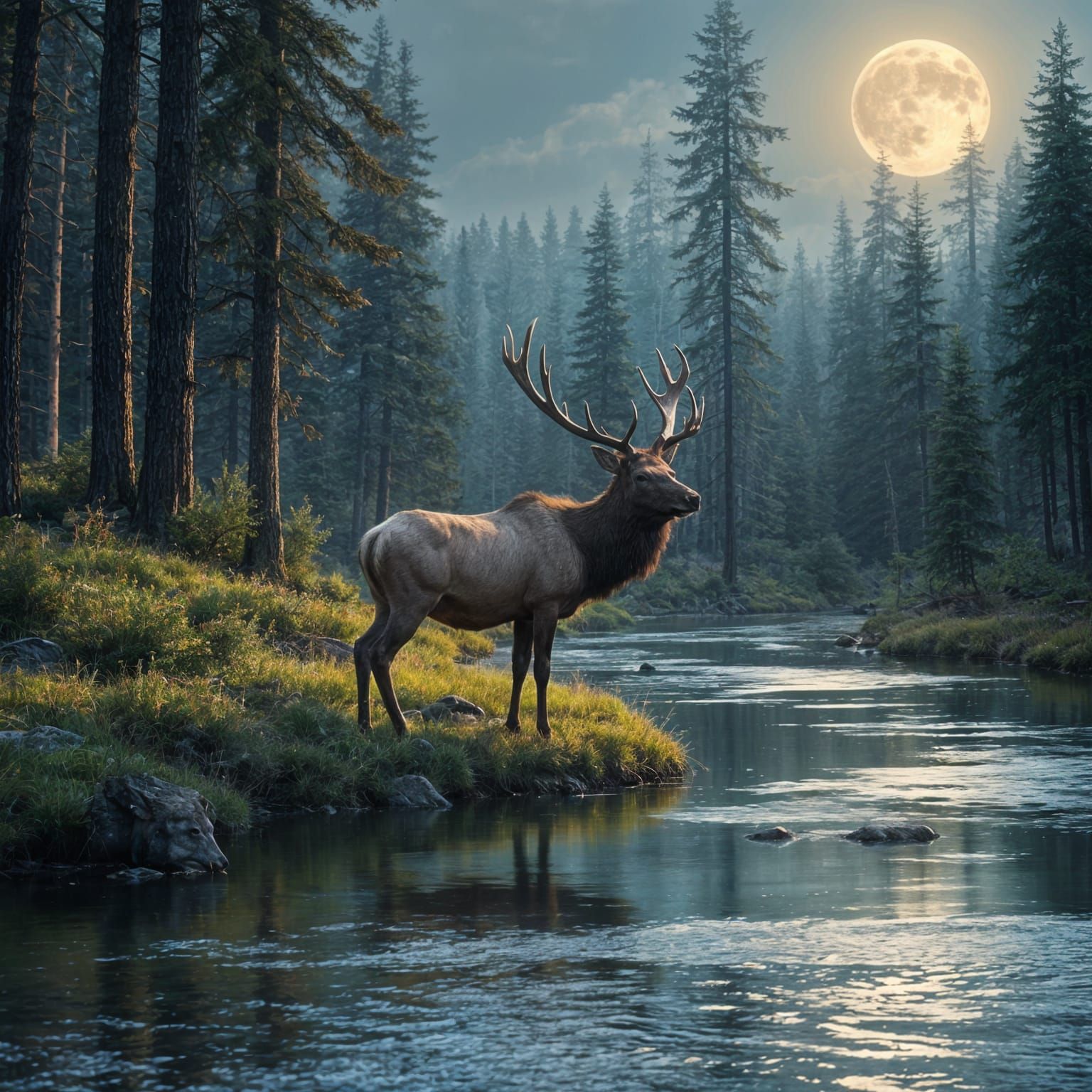 Moonlit Elk in a Serene Nighttime Landscape