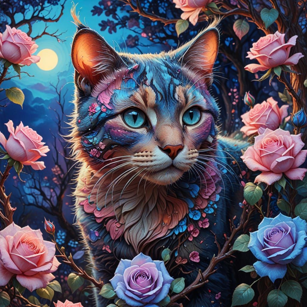 Whimsical Cat Among Roses in Surreal Oil Painting