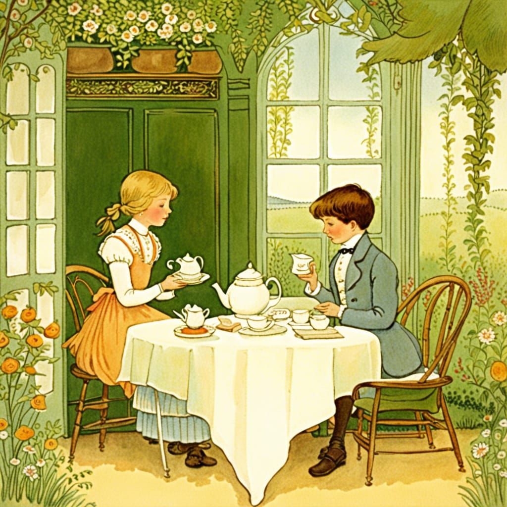 Charming Couple in Tea Room: Storybook Illustration