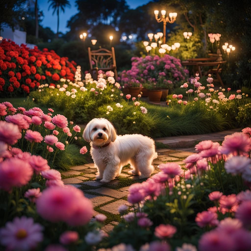 Girl and Dog in Enchanted Garden at Sunset
