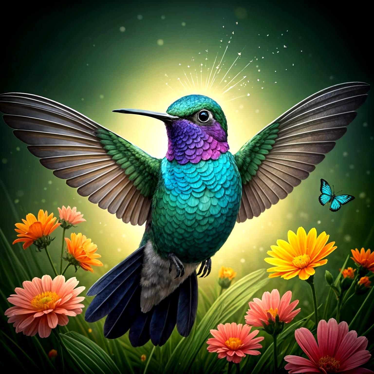 Hummingbird Portrait in Watercolor with Flowers