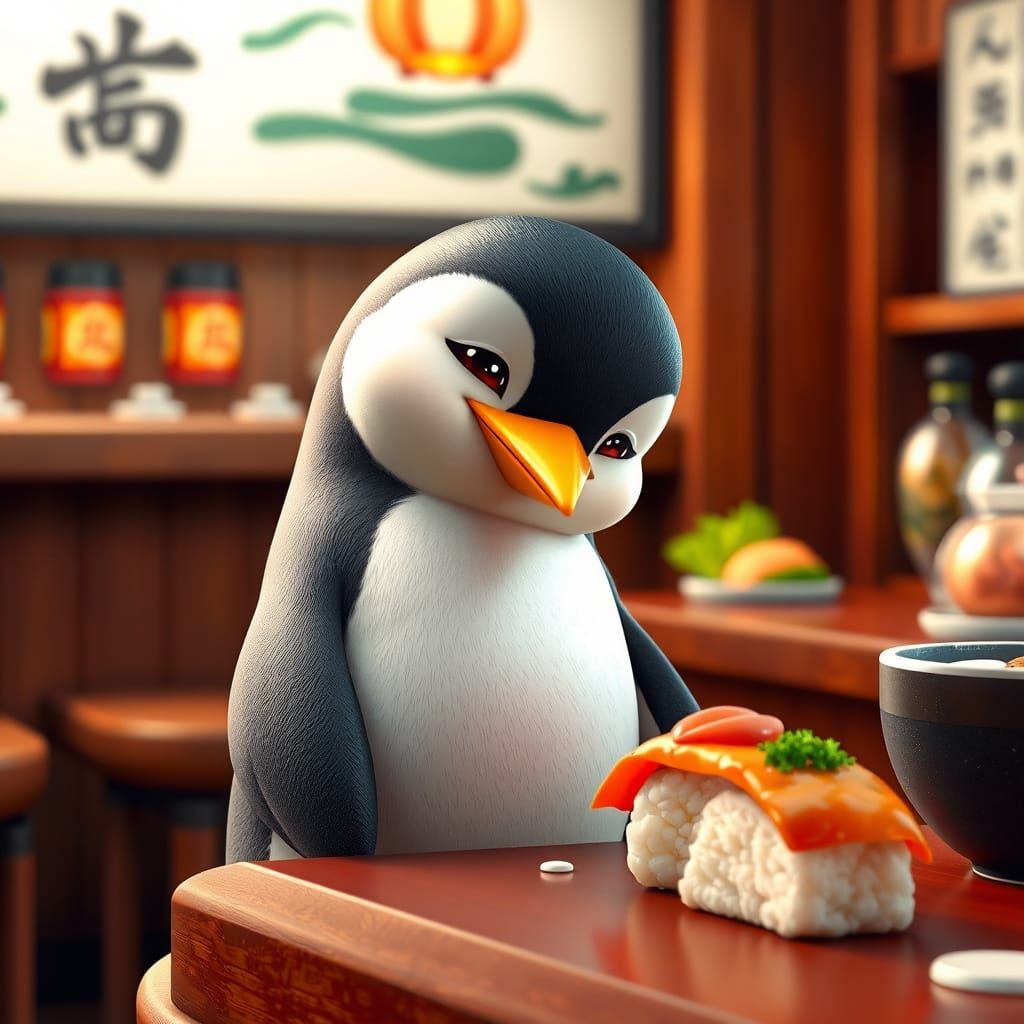Penguin at Traditional Japanese Sushi Bar in Whimsical 3D St...