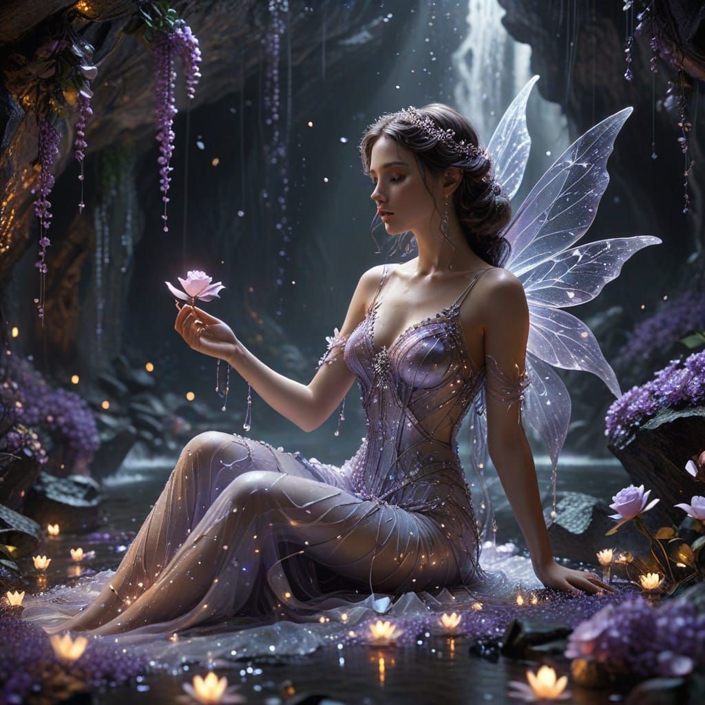 Fairy in Shimmering Cave with Crystal Wings
