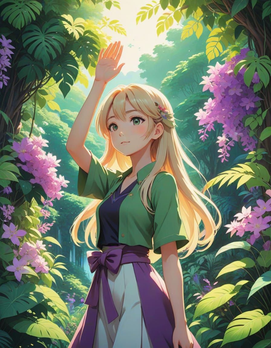 Serene Anime Goddess Surrounded by Lush Tropical Paradise