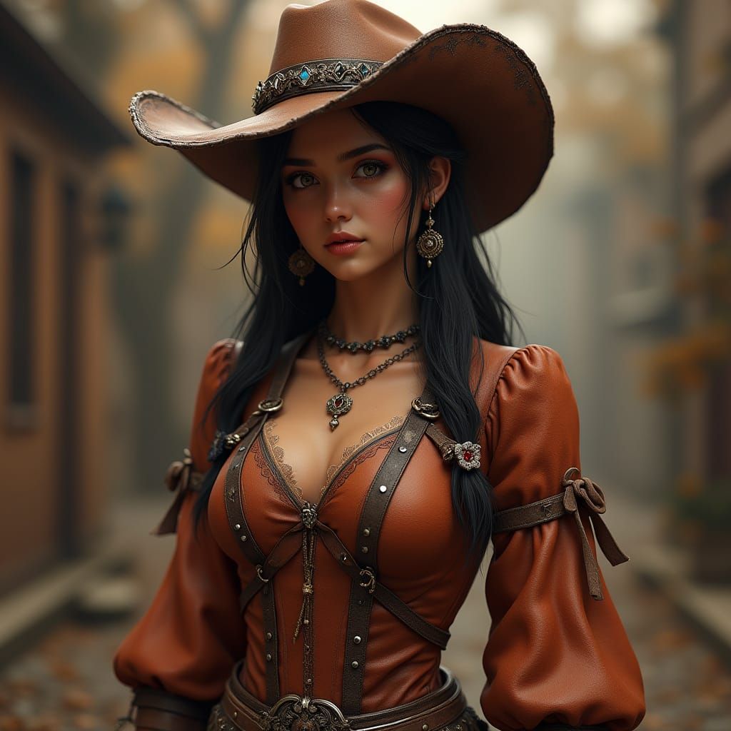 Cowgirl Portrait with Dynamic Lighting and Ornate Flourishes