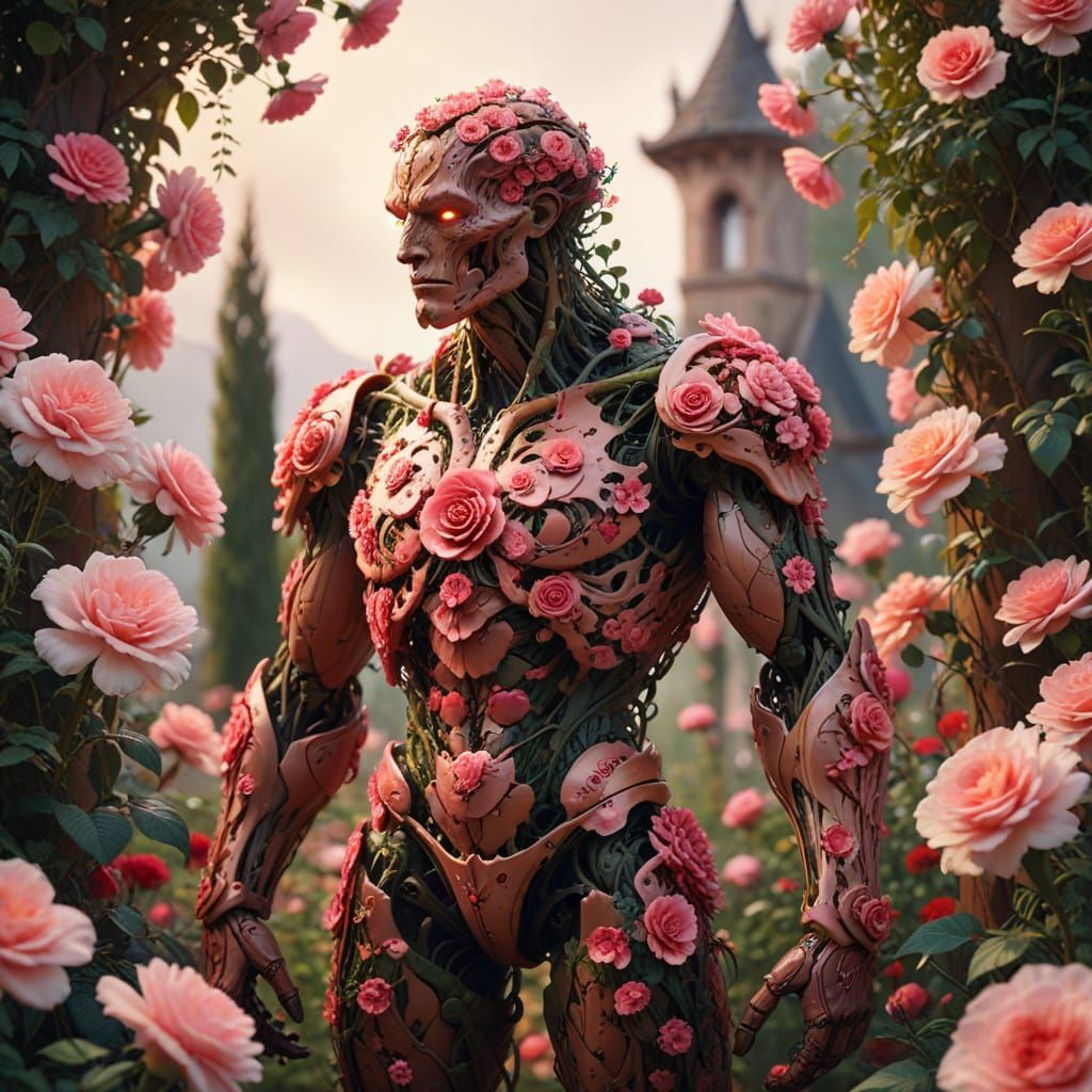 Whimsical Fantasy Rose Golem in a Vibrant Carnation Garden