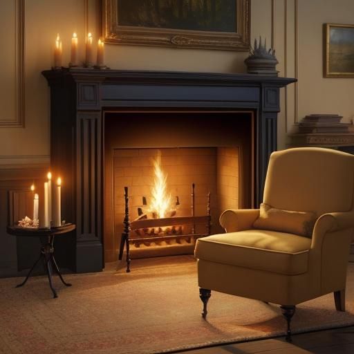 16k resolution, art by Claude Monet, Edward Hopper. Fireplace scene, cozy fire, gentle flames, soothing warmth, amber an...