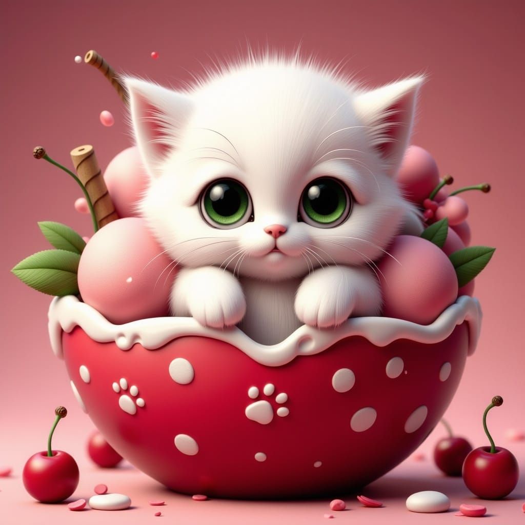 Cherry Kitten on Heart-Shaped Sundae Pillow