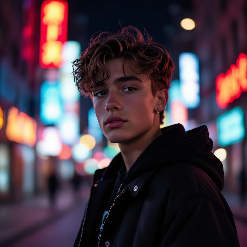 Teenage Boy Poses Under City Neon Lights in Cinematic Style