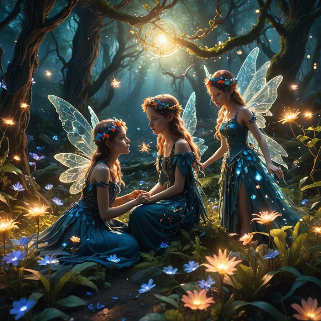 Fairies Weaving Spells in Solarpunk Forest Glade