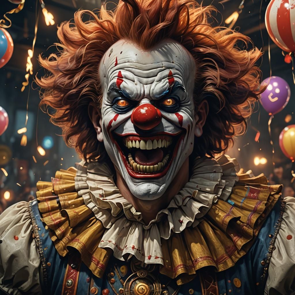 Evil IT Clown Screaming in Dark Fantasy Style