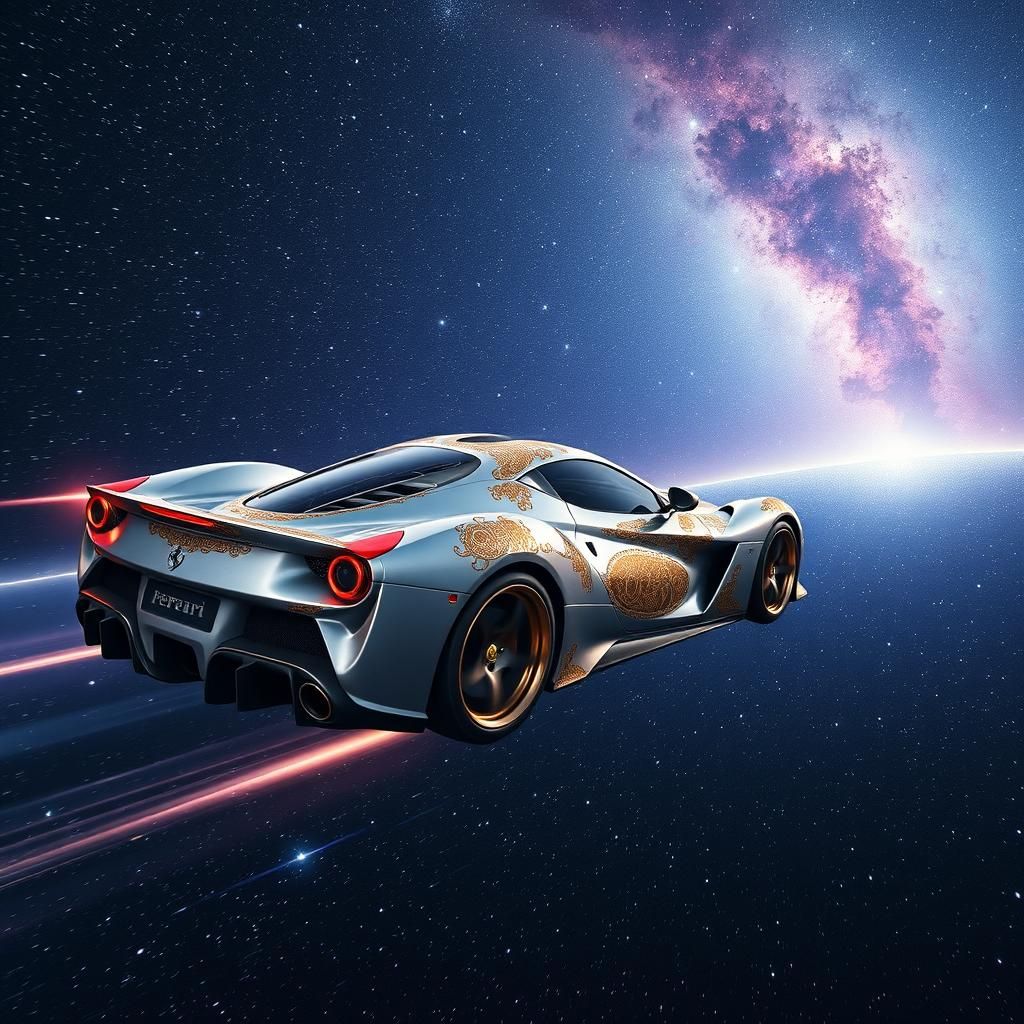 Ferrari Races Through Milky Way in Steampunk Style