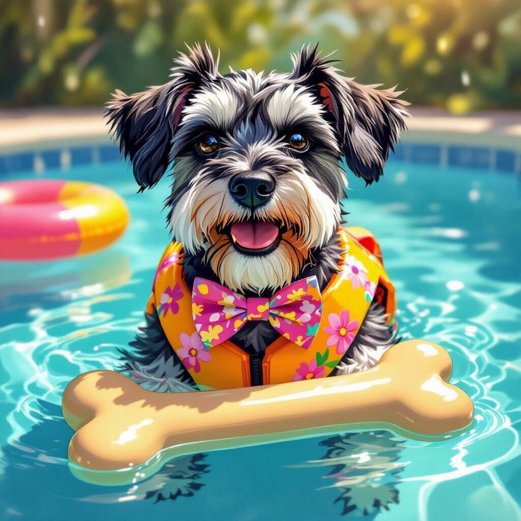Schnauzer Enjoying Bone in Pool as Digital Art