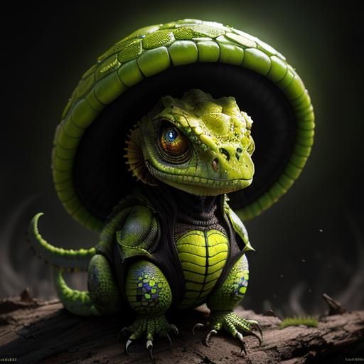 Surreal Digital Art of a Cute Reptile Alien Wizard in a Fung...